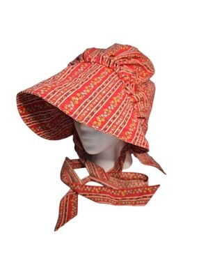 Vintage Hand Made Prairie Bonnet Hat Red Floral Costume Cottagecore Adult Size